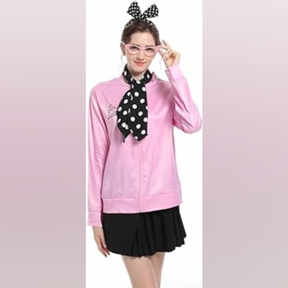 Pink Ladies Grease Movie Halloween Costume Set Plus Size XXL Satin Jacket Set - Picture 3 of 6